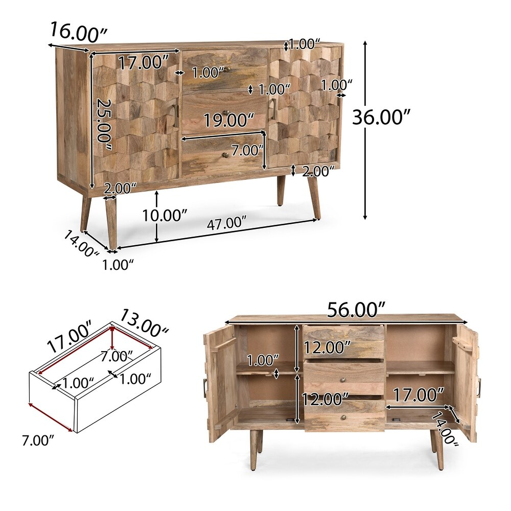 Latimer Mid Century Modern Handcrafted Mango Wood 3 Drawer Sideboard with 2 Doors by Christopher Knight Home