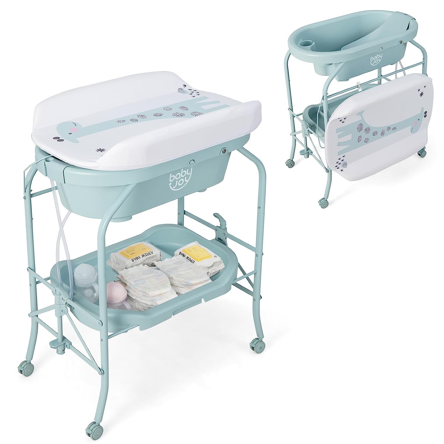 BABY JOY Baby Bathtub with Changing Table, Foldable Infant Diaper Changing Station with Storage Tray