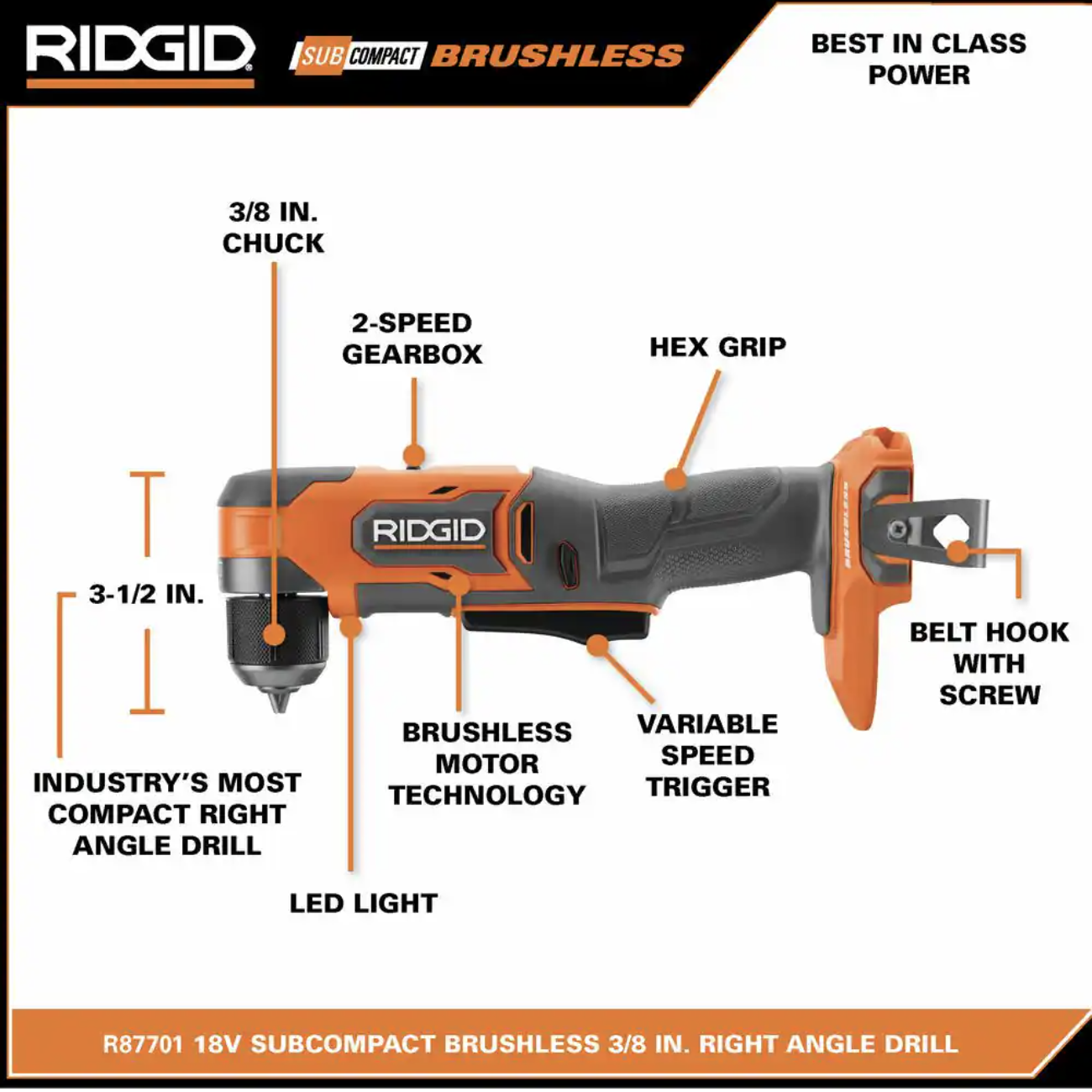 Ridgid 18V SubCompact Brushless Cordless 3/8 in. Right Angle Drill (Tool Only)