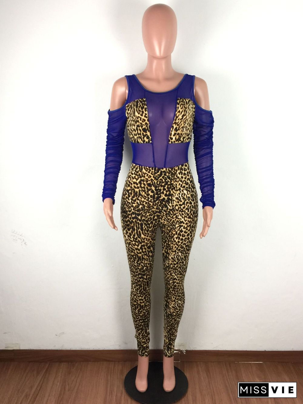 Sexy Mesh Sheer Patchwork Leopard Printed Bodycon Jumpsuit