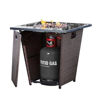 Teamson Home 30 in. Rattan Base Tempered Glass Top Propane Firepit with Lava Rock Metal Lid and Regulator HF30200AA