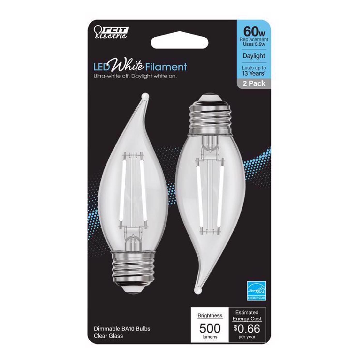 Feit White Filament BA10 E26 (Medium) Filament LED Bulb Daylight 60 Watt Equivalence 2 pk