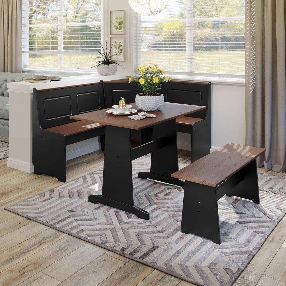 Linon Home Decor Ardmore 3 Piece Black and Pecan Breakfast Nook Dining Set THD02975