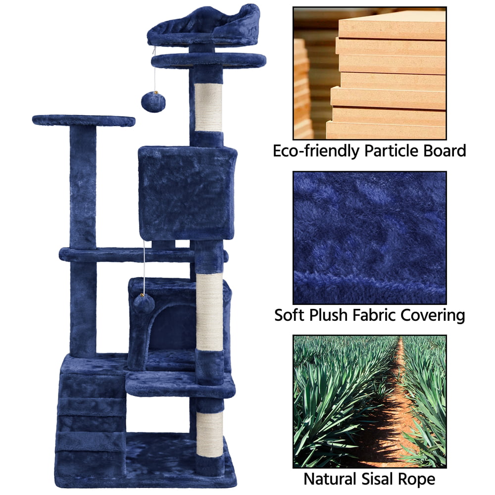 Topeakmart  54.5'' Cat Tree Condo Kitten Tree Tower Cat Kitten Scratching Tree Navy Blue