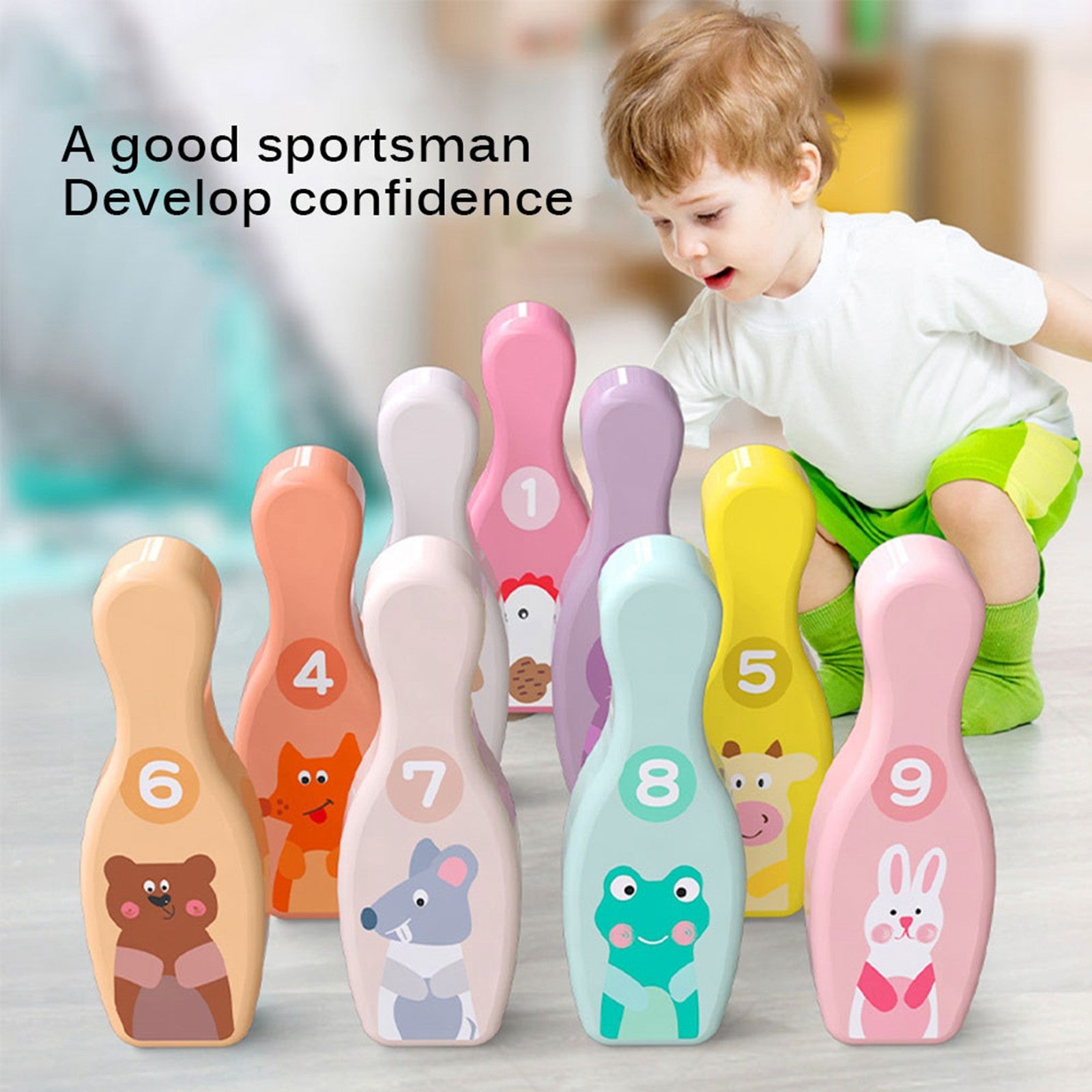 Sehao Colorful Wooden Bowling Ball Kid Toy 9 Bowling Pin 1 Ball Set Fun Family Game Wooden Outdoor Toys Multicolor