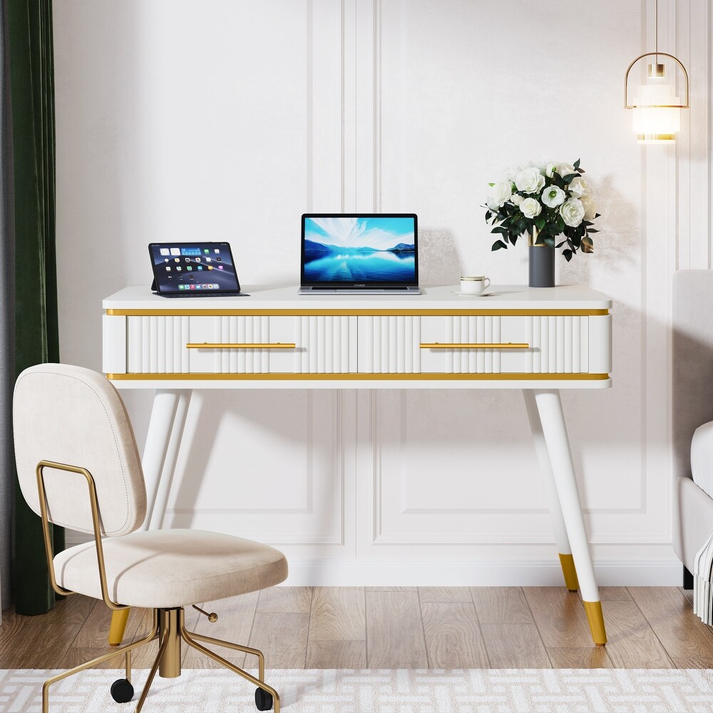 47 Inches Computer Desk with 2 Drawers  White Study Writing Desk