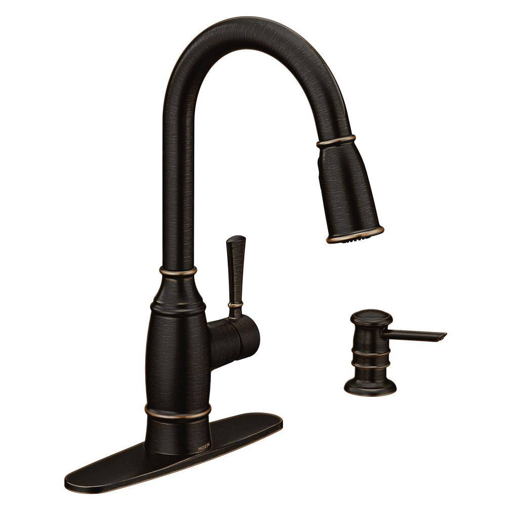 MOEN Noell Single-Handle Pull-Down Sprayer Kitchen Faucet with Reflex Soap Dispenser and Power Clean in Mediterranean Bronze 87791BRB