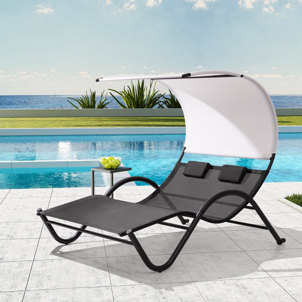 VredHom Outdoor Double Chaise Lounge with Wheels   Headrest   54.93 W x 72.84 L x 64.57 H inch