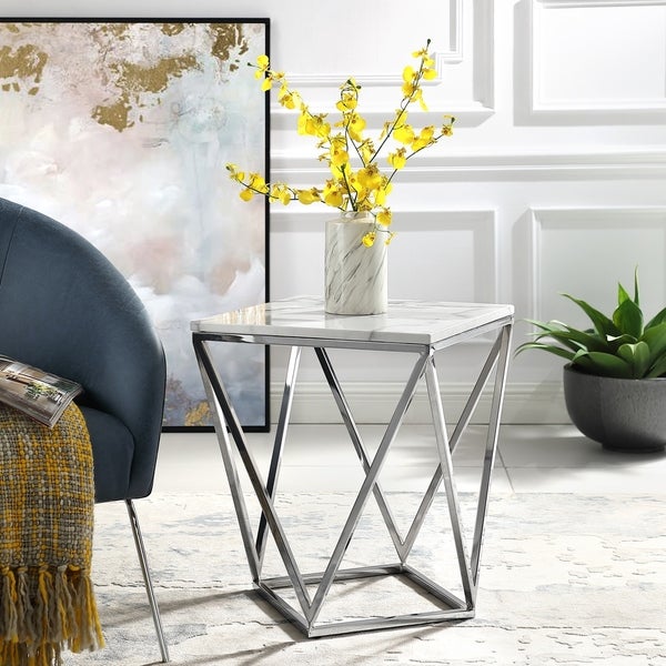 Silver Orchid Young White Marble End Table