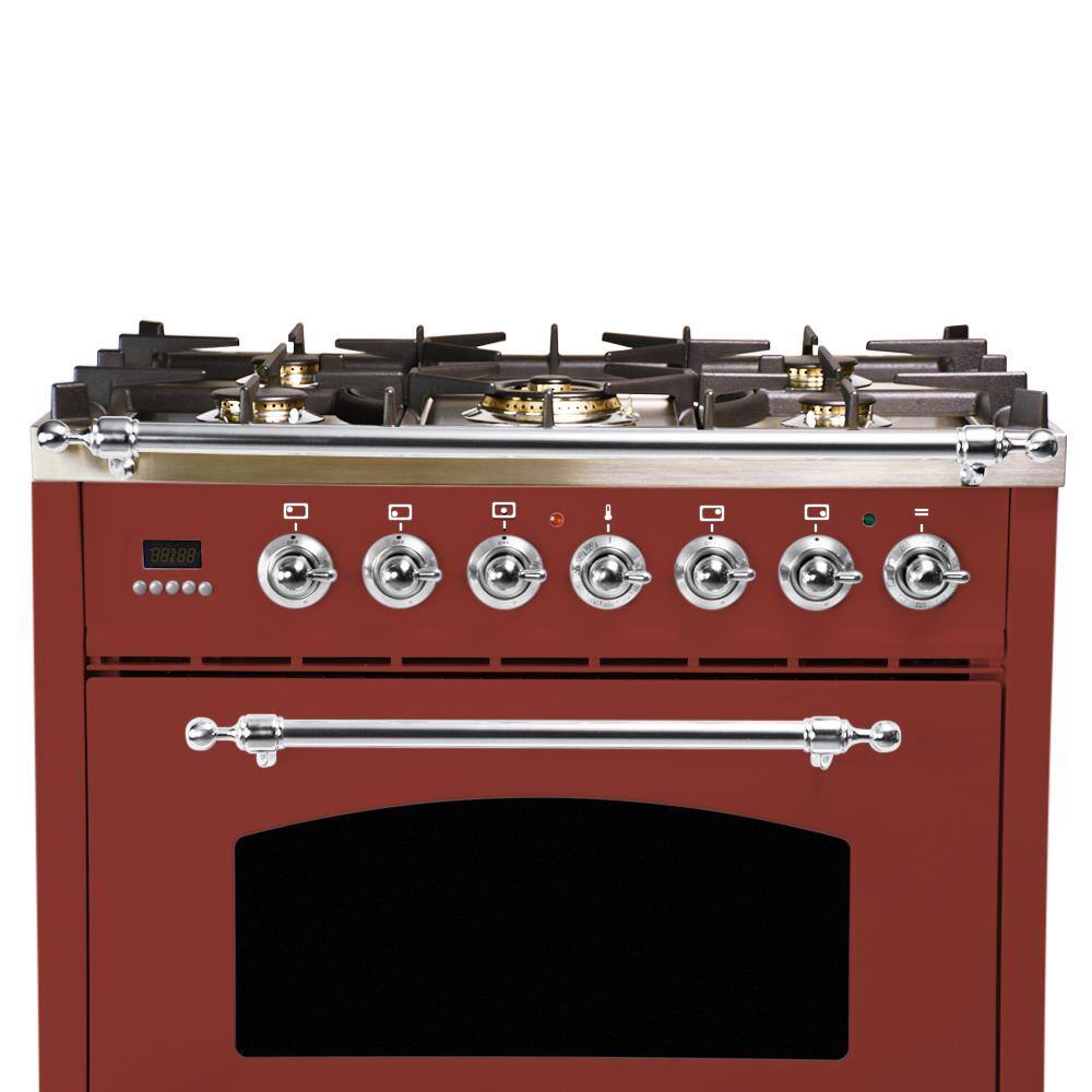 Hallman 30 in. 3.0 cu. ft. Single Oven Dual Fuel Italian Range with True Convection 5 Burners LP Gas Chrome Trim in Burgundy HDFR30CMBGLP