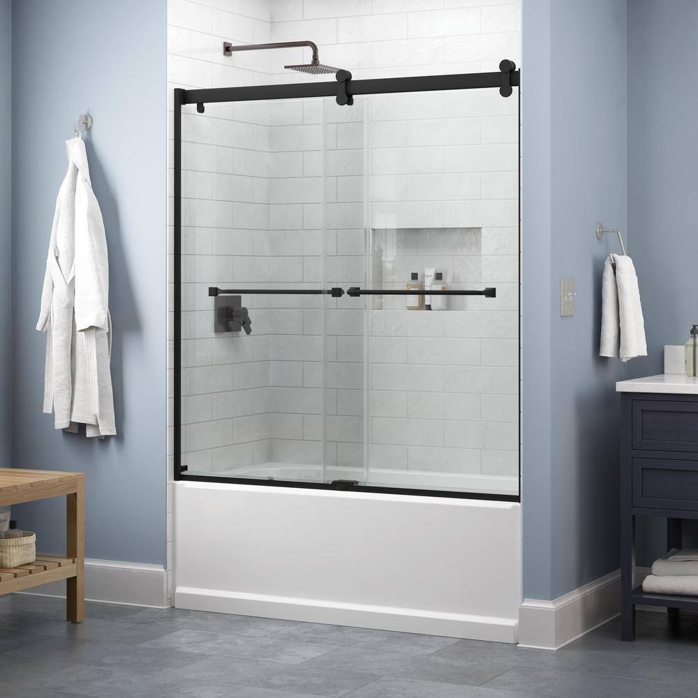 Delta Lyndall 60 in. W x 58-34 in. H Contemporary Sliding Frameless Tub Door in Matte Black with 14 in. (6 mm) Clear Glass SD6765039