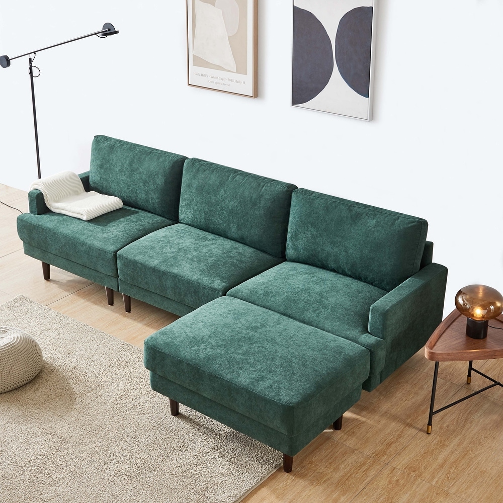 Modern Fabric Sofa L Shape Polyester Padded 3 Seater Sofas Removable Back Cushions Sofas with Ottoman and Rubber Wood Legs