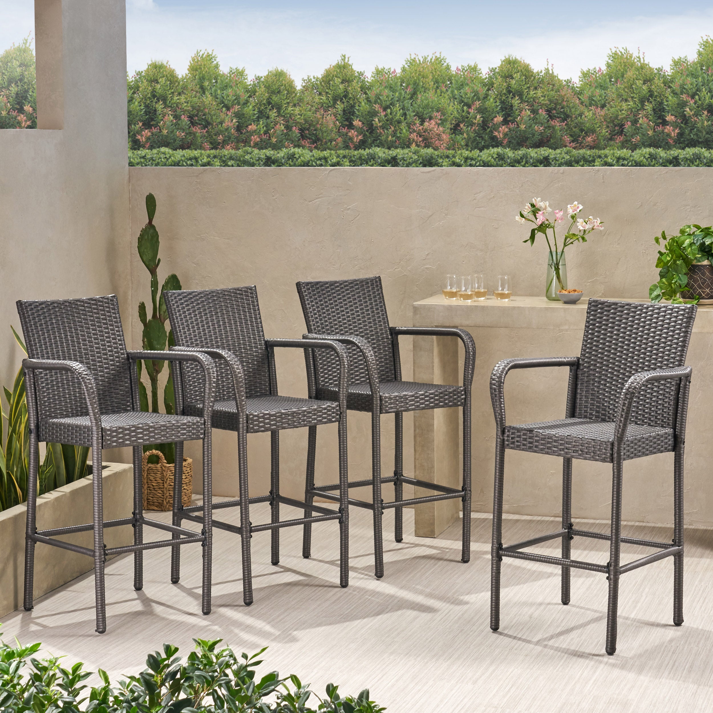 Dunedin Outdoor Coastal Wicker Backed Barstools with Arms