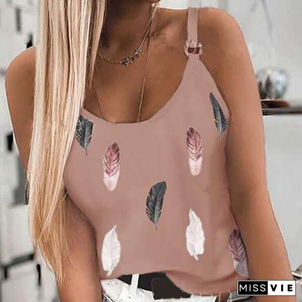 Plumage Printed Womens Tank Top U Neck Spaghetti Strap Camisole Sleeveless Beach Style Summer Tops Shoulder Buckle Tops