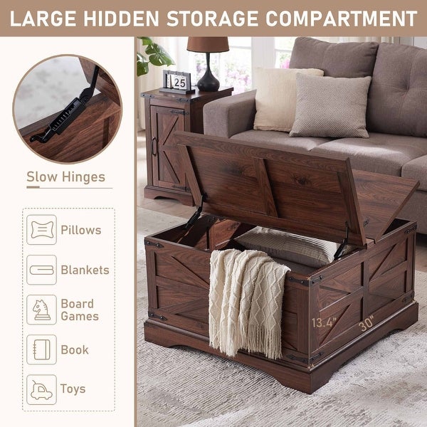 Farmhouse Coffee Table， Square Wood Center Table with Large Hidden Storage Compartment for Living Room， - as picture