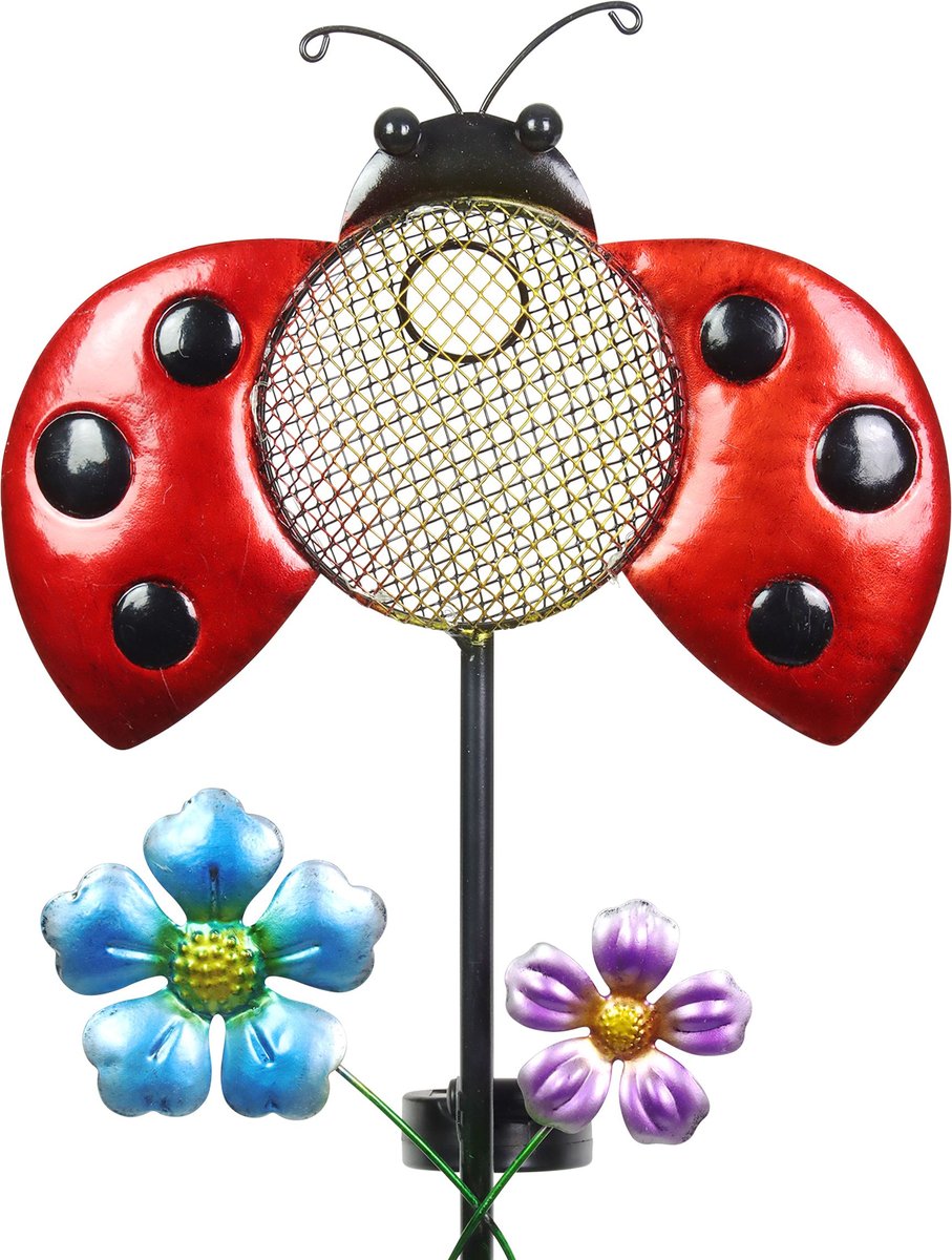 Exhart Solar Hand Painted Ladybug Metal Mesh Pellet Bird Feeder Garden Stake