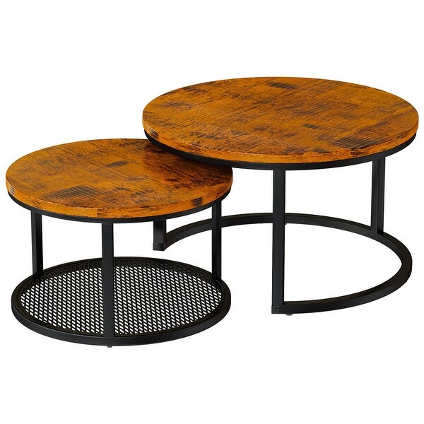 Stylish Round Coffee Table Set Nesting Coffee Tables with Metal Frame and 1 Metal Mesh Shelf (Set of 2)