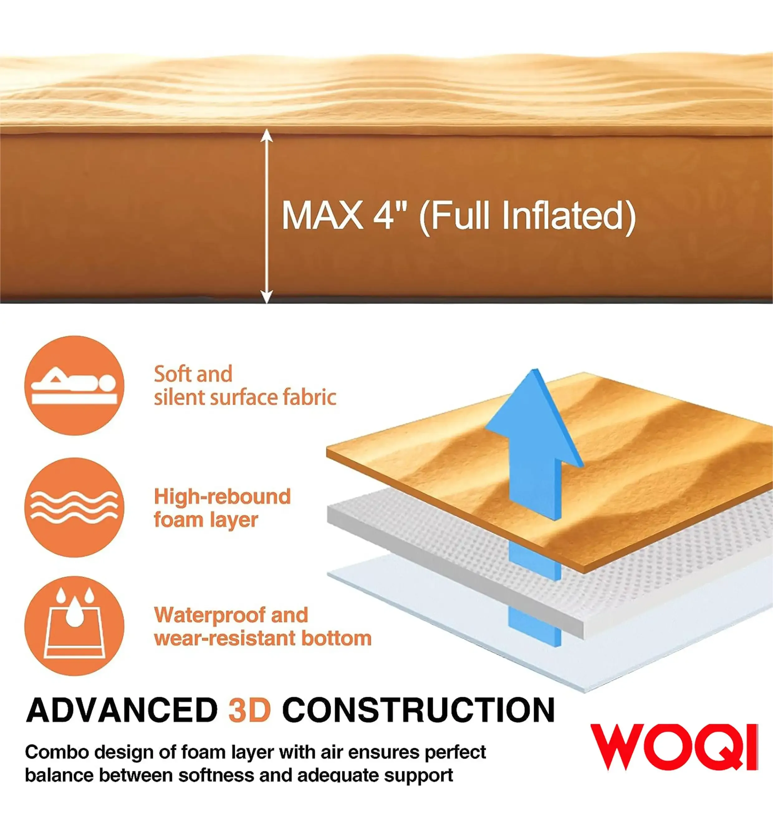 WOQI inflatable camping mattress with portable air pump  lightweight air cushion  suitable for camping home use