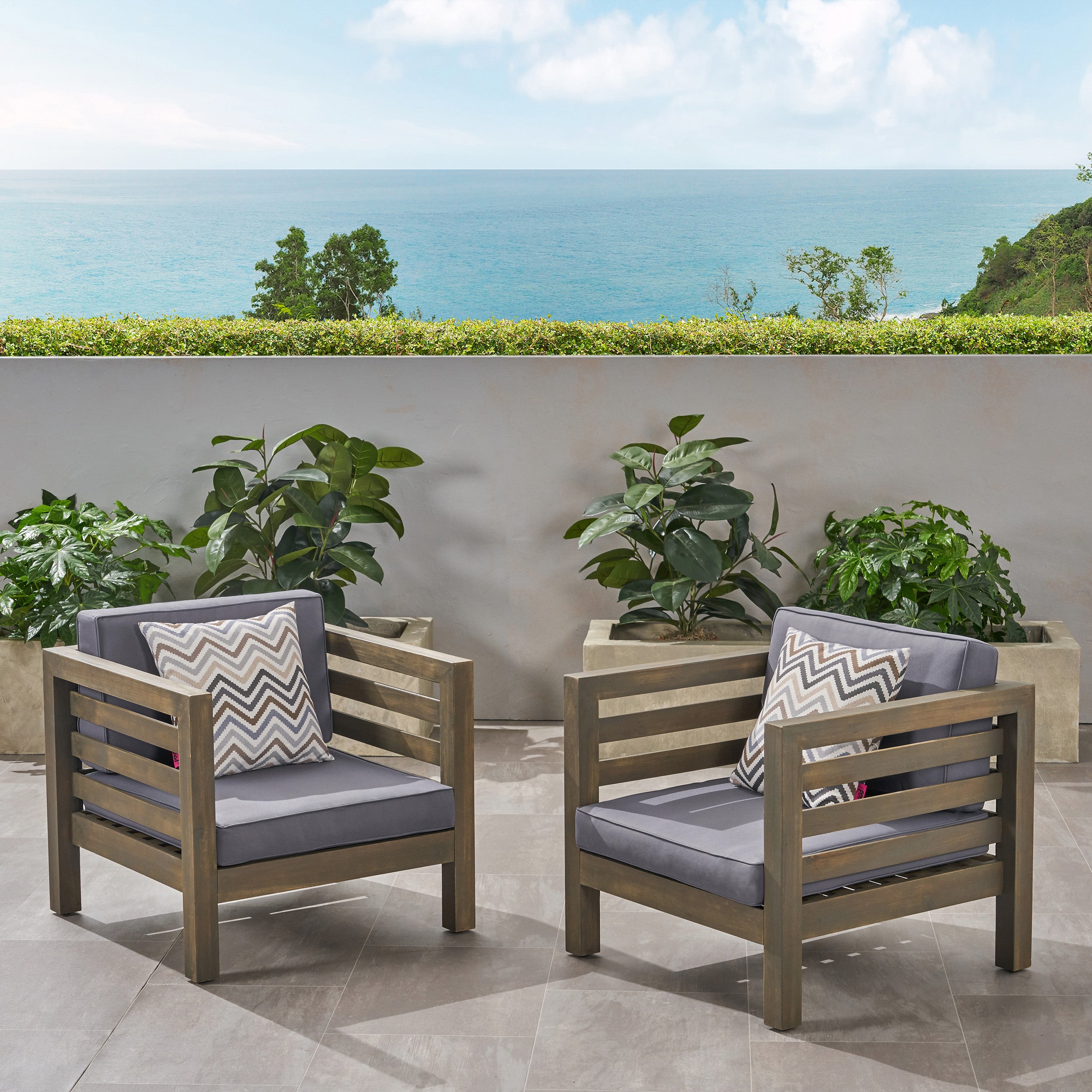 Louise Outdoor Acacia Wood Club Chairs with Cushions (Set of 2)