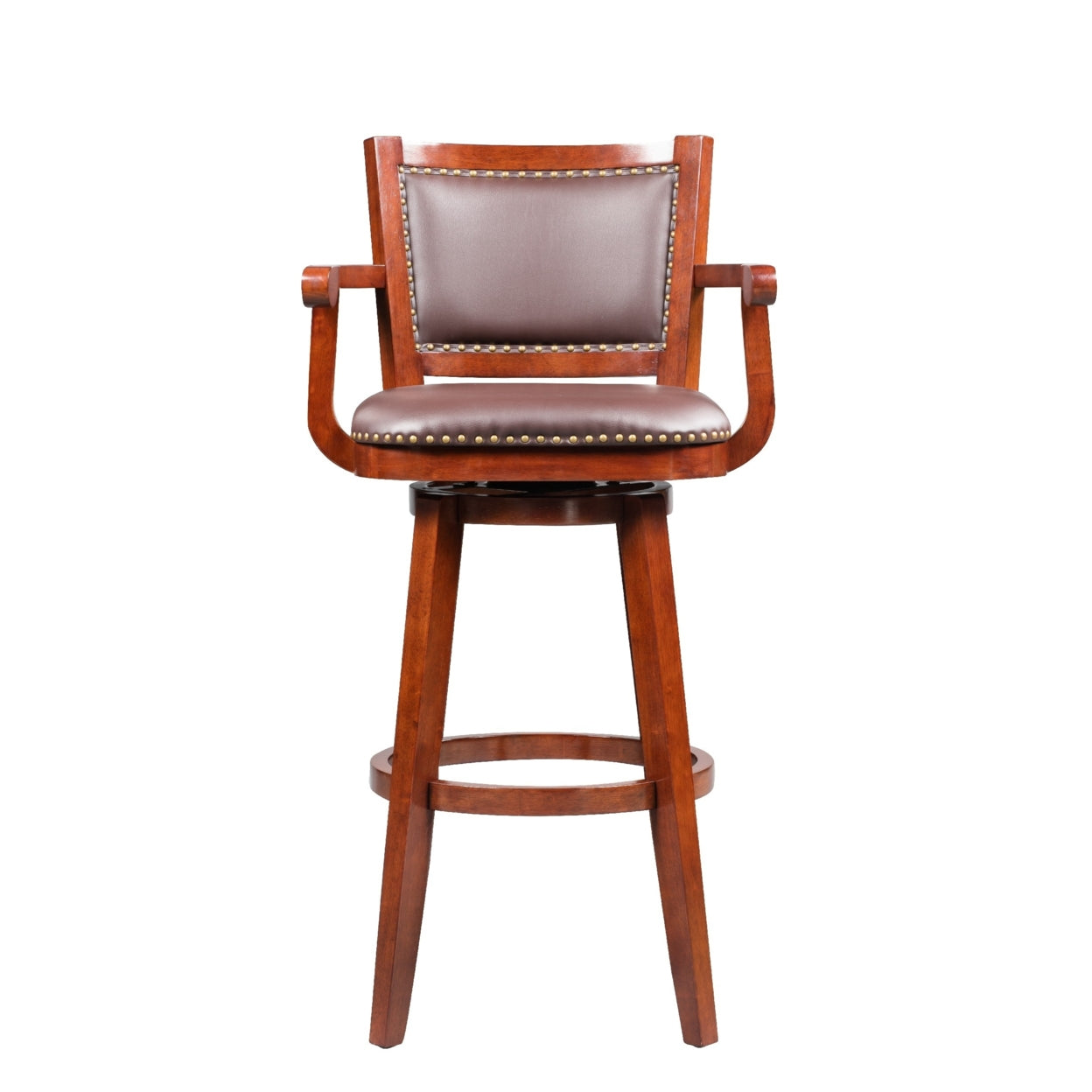 Hugo 34 Inch Swivel Barstool， Wood， Open Rolled Arms， Bonded Leather， Brown- Saltoro Sherpi