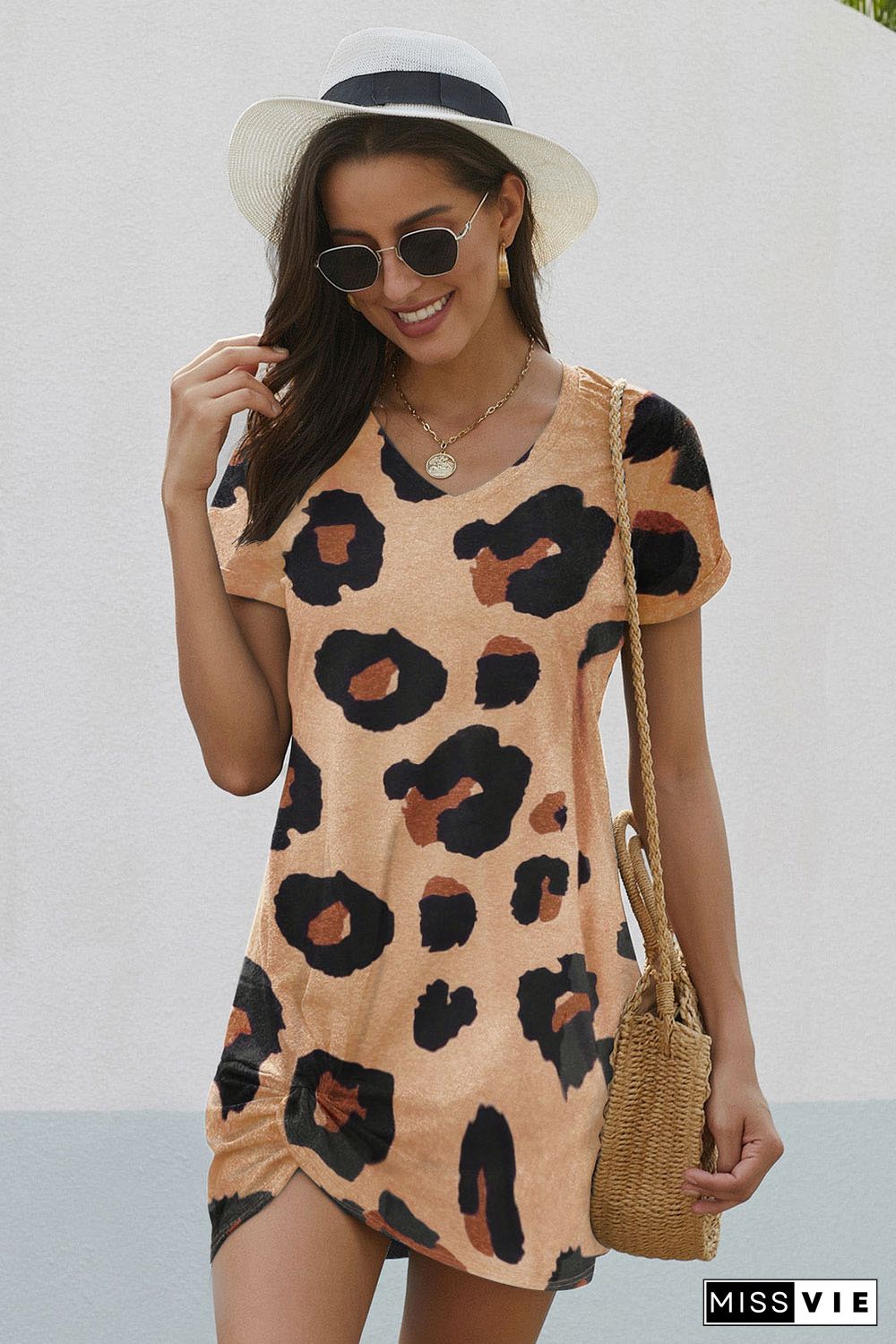 V Neck Leopard T-shirt Dress with Twist