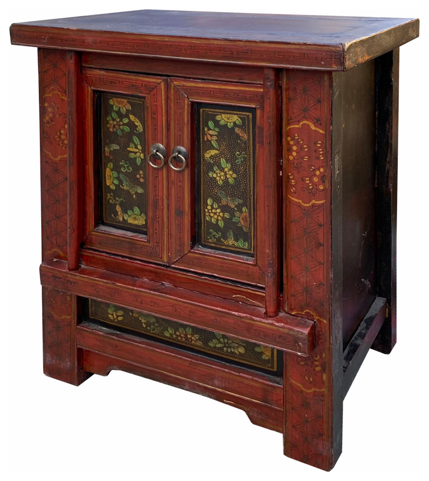 Chinese Vintage Brick Red Flower Graphic End Table Nightstand Hcs7070   Asian   Side Tables And End Tables   by Golden Lotus Antiques  Houzz