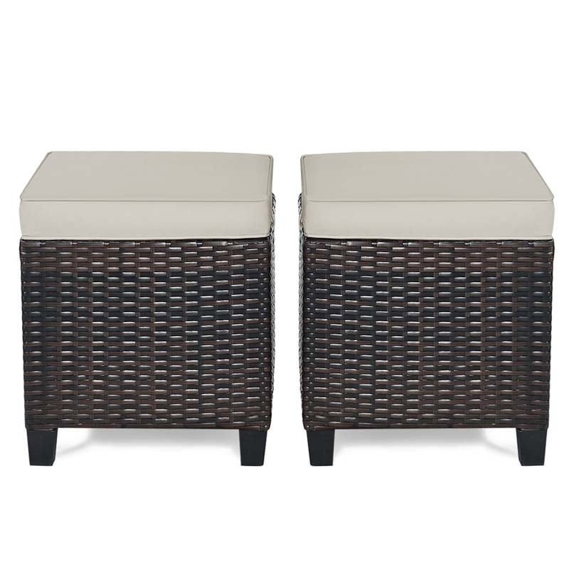 2 Pcs Rattan Patio Ottoman Set with Removable Cushions, All Weather Wicker Outdoor Footstool Footrest Seat