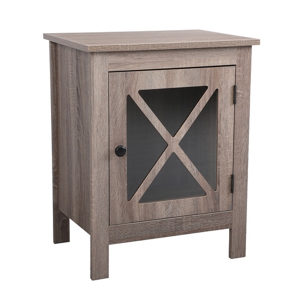 Wood Side Table Nightstand with X-Shaped Glass Door