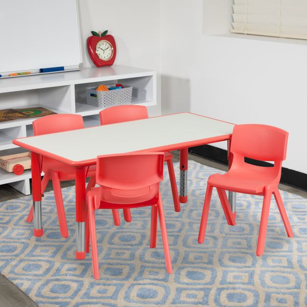 Flash Furniture 23.625''W x 47.25''L Adjustable Rectangular Red Plastic Activity Table Set with 4 School Stack Chairs