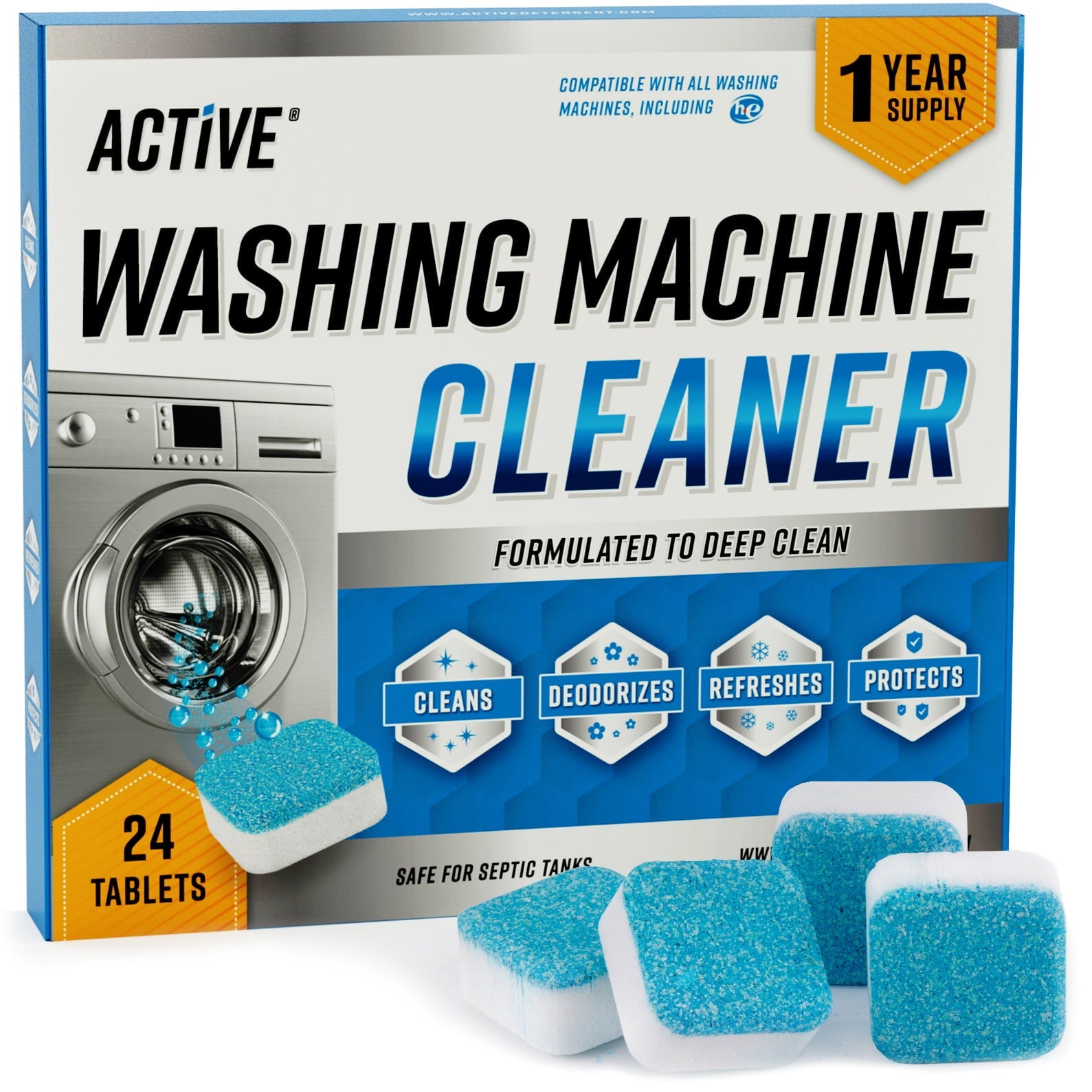 Active Washing Machine Cleaner Descaler, Deep Cleaning Tablets For HE Front & Top Load Washer, 24 Pack