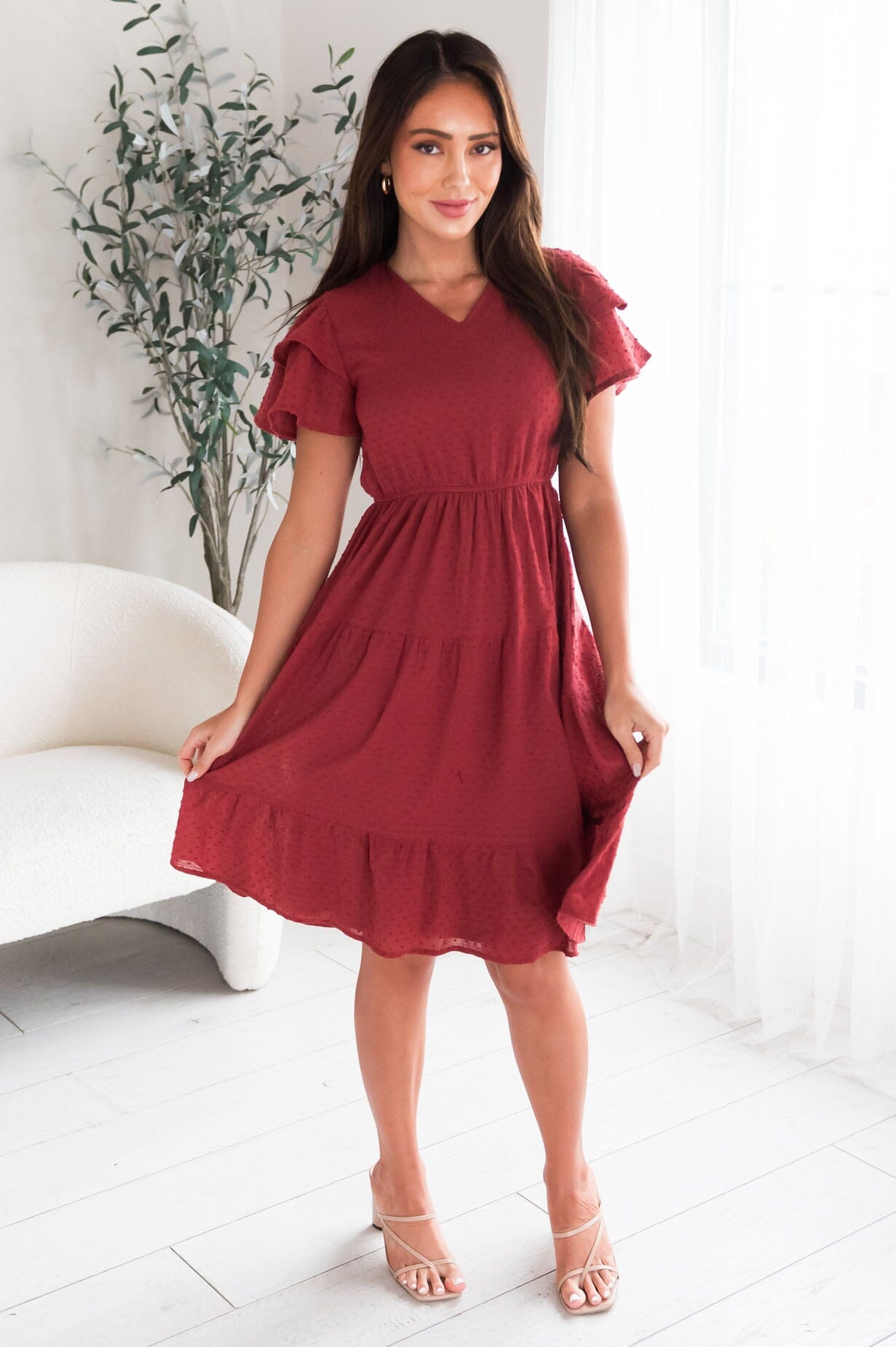 Amy Swiss Dot Short Sleeve Midi Dress – Cranberry