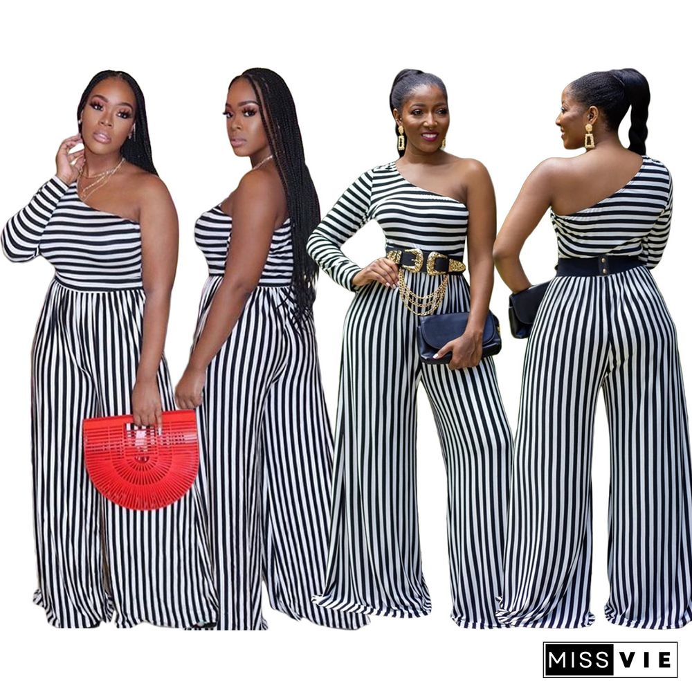 Plus-size Diagonal Single Sleeve Stripe Mosaic Jumpsuit