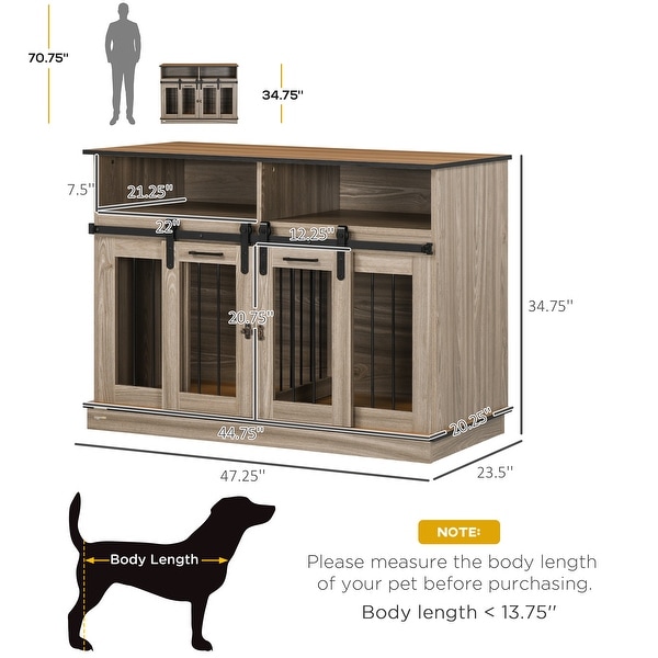 PawHut Size-Changing Dog Crate End Table with Removable Panel and Two Rooms， Shelves and Sliding Doors， Fancy Puppy Furniture