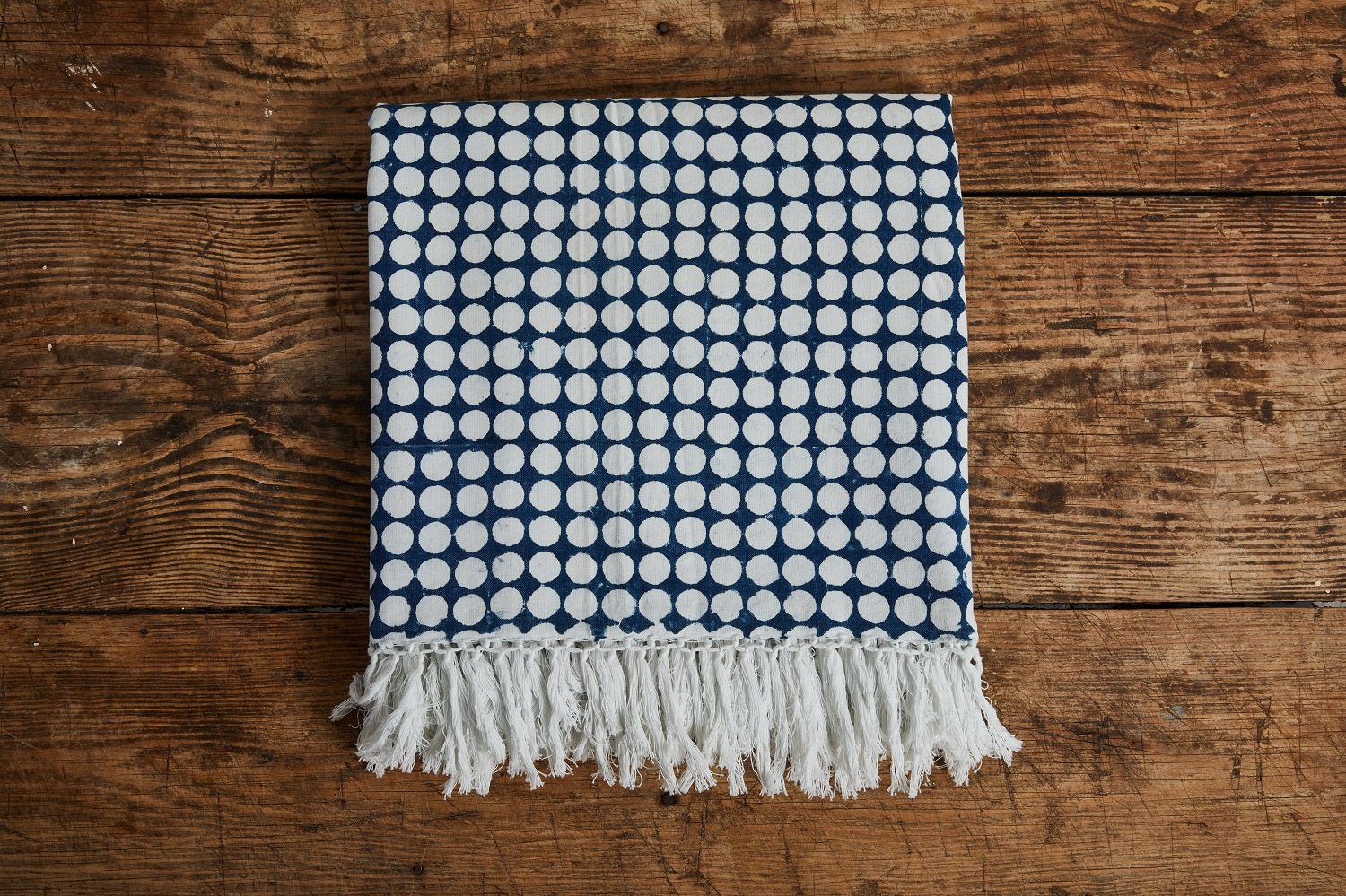 Les Indiennes, Tania Reverse Bed Throw With Fringe, Indigo