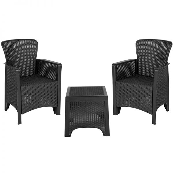 Seneca Dark Gray Faux Rattan Plastic Chair Set with Matching Side Table