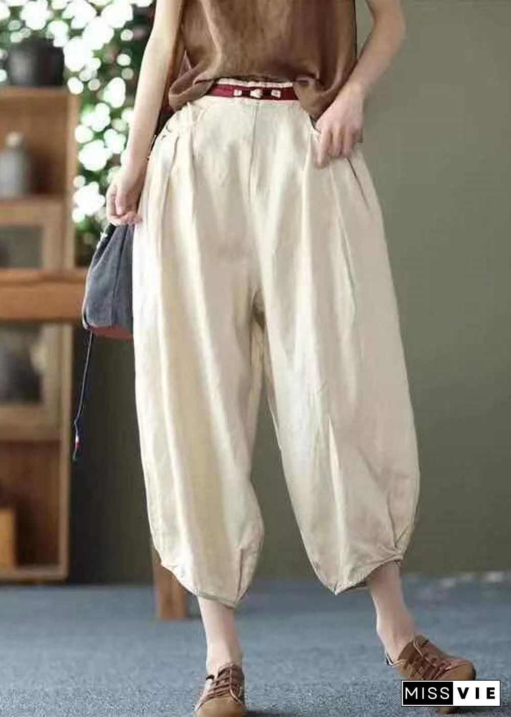 Khaki Pockets Patchwork Linen Crop Pants Elastic Waist Summer