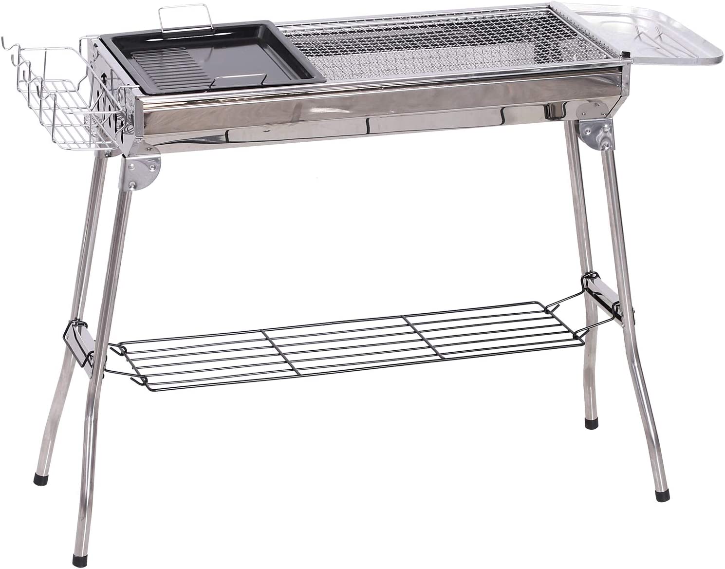 Outsunny ‎846-028 Portable Folding Charcoal BBQ Grill Stainless Steel Camp Picnic Cooker with Grill Pan Storage Shelf Hooks