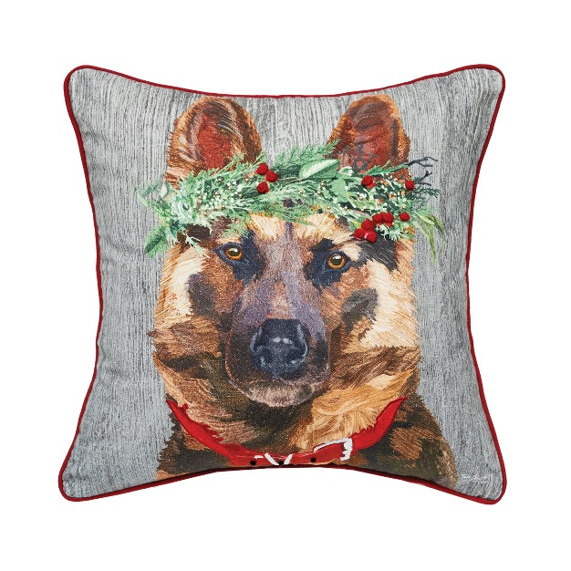 X 18 quot German Shepard Dog Wearing A Red Holly Flower Crown Printed amp Embellished Throw Accent Decor Pillow