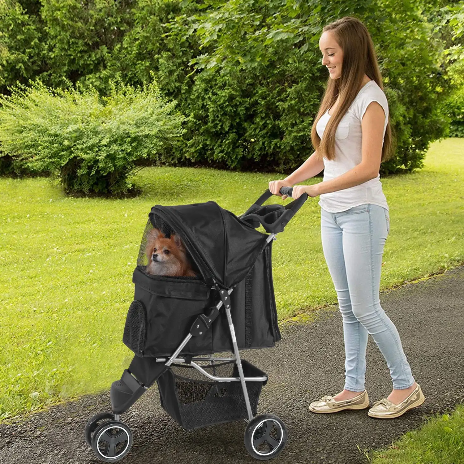Pet Dog Stroller， Wedyvko 3 Wheels Foldable Dogs and Cat Strollers with Storage Basket and Cup Holder for Small and Medium Cats