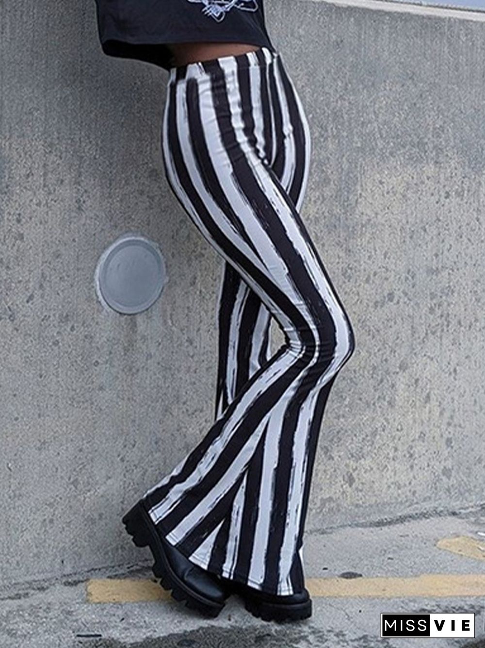 Contrast Color Striped High Rise Flare Leg Pants