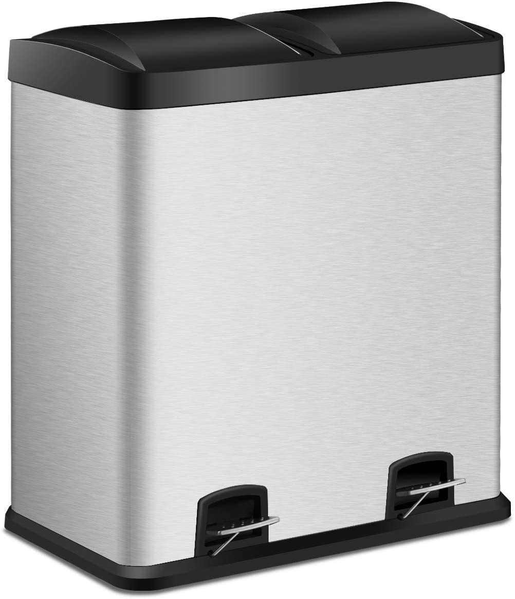 Costzon Double Compartment Classified Step Trash Can, 16 Gallon Stainless Steel Pedal Bin