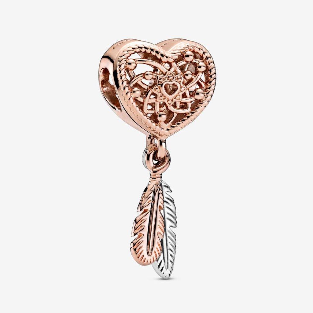 PANDORA  Openwork Heart & Two Feathers Dreamcatcher Charm