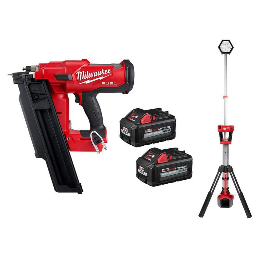 Milwaukee M18 FUEL 3-1/2 in. 18-Volt 21-Degree Lithium-Ion Brushless Cordless Nailer w/Tower Light, Two 6Ah HO Batteries 2744-20-2131-20-48-11-1862