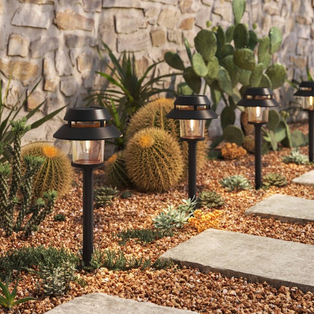 6pk Double Hood Jar Vintage Solar Led Outdoor Path Lights Matte Black