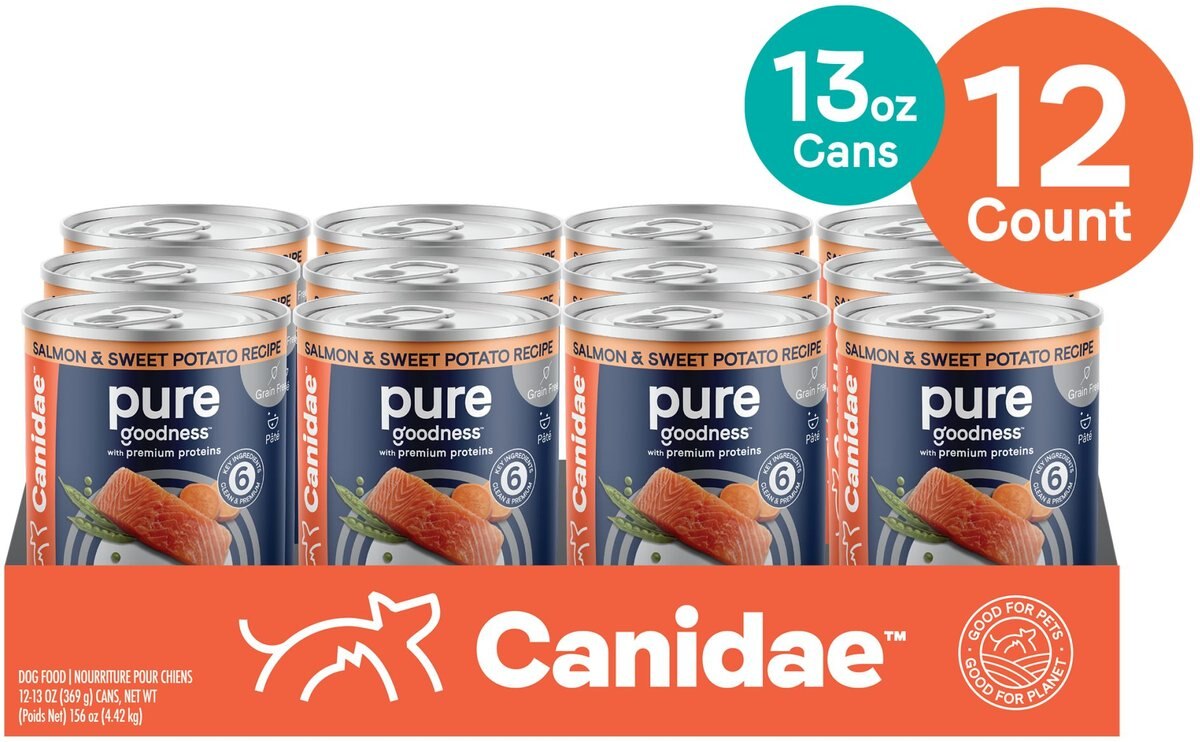 CANIDAE PURE All Stages Grain-Free Limited Ingredient Salmon and Sweet Potato Recipe Canned Dog Food， 13-oz