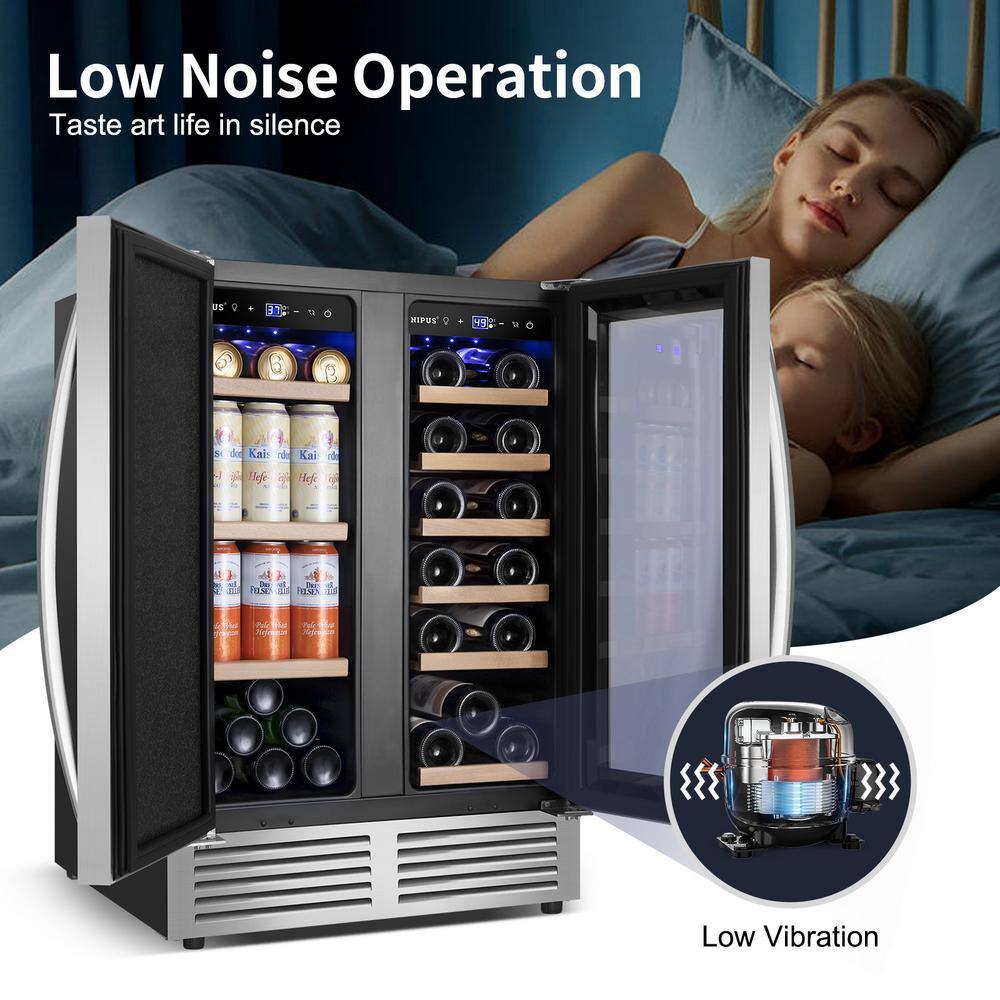 Nipus 24 in. Dual Zone 18 Wine Bottles and 57 Cans Beverage  Wine Cooler in Silver Built in and Freestanding Blue LEDs NPDUAL01