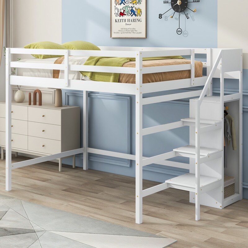 Modern Wooden Full Size Loft Bed with Built in Storage Wardrobe and Staircase