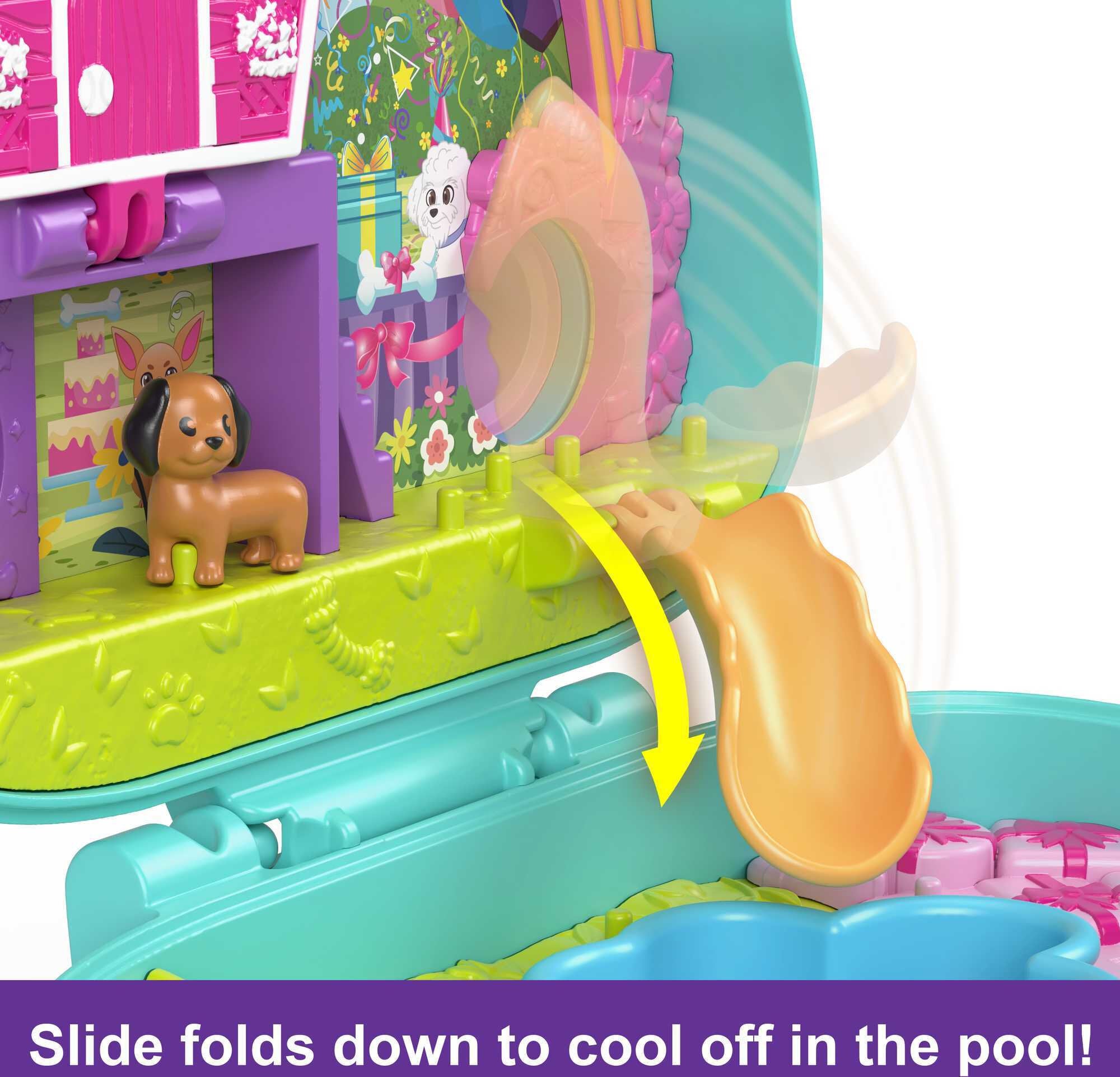 Polly Pocket Doggy Birthday Bash Compact Playset with 2 Micro Dolls and Accessories, Travel Toys