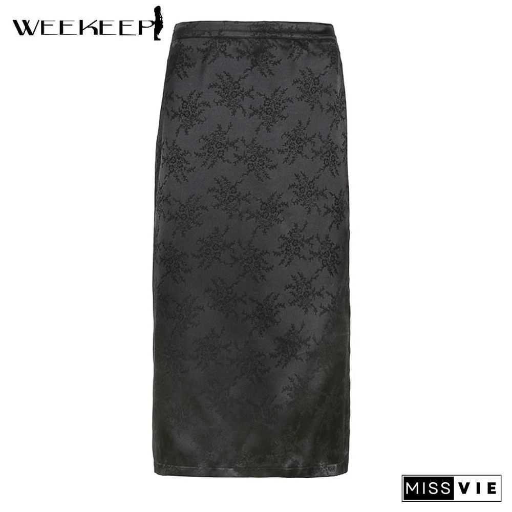 Weekeep Vintage Floral Print Satin Midi Skirts Women Side Split Sexy High Waist Skirts Summer Retro Black Casual Outfits Fashion