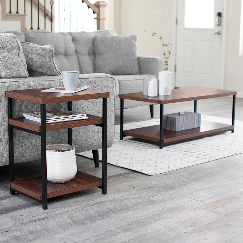 Rectangular Coffee Table  Storage Shelf Mid Century Walnut  Black Metal   Transitional   Coffee Tables   by Household Essentials  Houzz